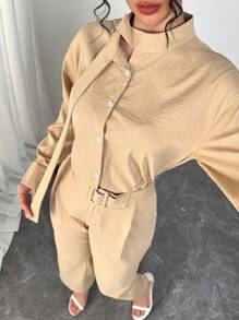 Modelyn 女士新款时尚立领两件套，包括宽松休闲阔腿裤和系带长袖衬衫 - 卡其色 - 查看 8