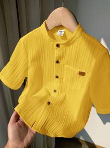 SHEIN 1pc Young Boys' Casual College Style Comfortable Linen Stand Collar Patch Pocket All-Match Versatile Shirt - Yellow - View 7