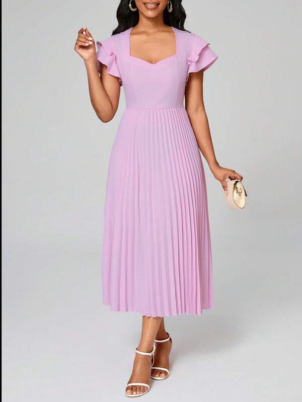 Lyxana Robe midi élégante couleur unie avec encolure en cœur et volant en ourlet pour femmes