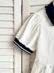 SHEIN 年轻女孩白色灯笼袖可爱刺绣小狗立领纽扣式休闲学院风舒适春夏连衣裙 - 白色 - 查看 7