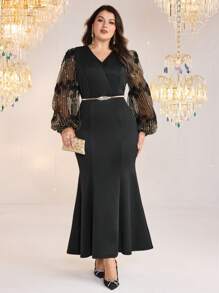 Modelyn Vestido de manga farol de cuello en V de unicolor en tallas grandes