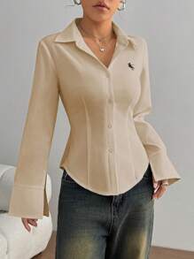 TRNVIE Minimalist Embroidery Decor Fitted Women's Blouse, Suitable For Summer Fall Cloth For Women - Apricot - View 4
