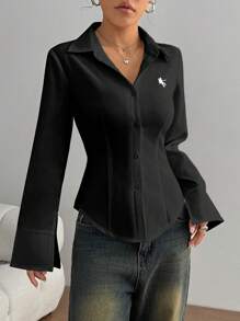 TRNVIE Women Embroidered Front Slim Fit Blouse, Minimalist And Fashionable, Suitable For Summer Fall Cloth For Women - Black - View 6
