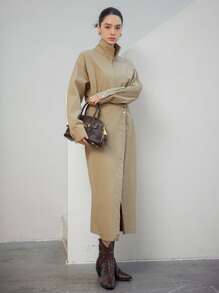 DAZY Khaki,Autumn,Elegant,Office Oversized Minimalist Asymmetrical Design Cinched Waist Shirt Dress With High Slit,Mid-Length Business Casual Work Clothes - Khaki - View 4