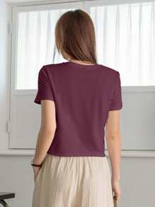 Dazy-Less Women's Solid Color Round Neck Summer Casual Short Sleeve T-Shirt Old Money Style