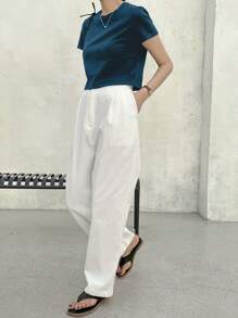 Dazy-Less Solid Crew Neck Crop Tee Old Money Style Summer Business Casual Woman Work Clothes - Teal Blue - View 4