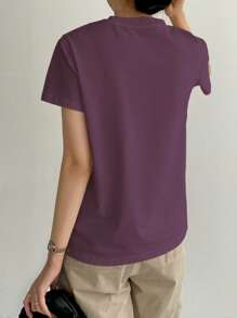 Dazy-Less Solid Color Round Neck Short Sleeve T-Shirt Summer Preppy Tops Business Casual Woman Work Clothes - Red Violet - View 5