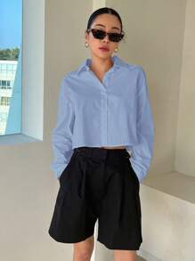 DAZY 纯色翻领短款女式长袖衬衫长袖上衣