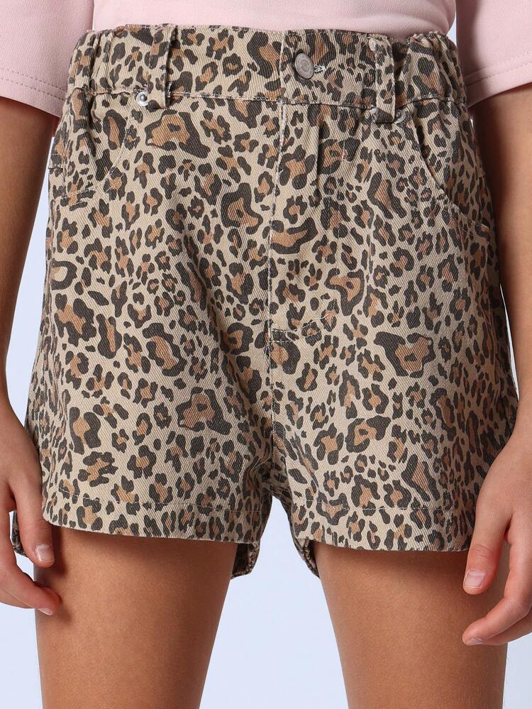 Short en jean taille haute à imprimé léopard