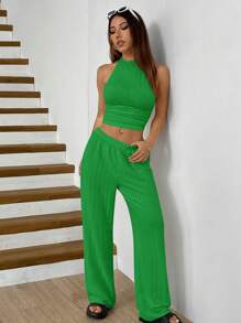 SHEIN EZwear Conjunto deportivo informal de punto verde para mujer - Verde - Ver 3