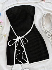 Soleia Casual & Comfortable Color Block Lace-Up Fitted Sweater Dress - Black - View 1