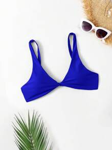 SHEIN Swim Top de bikini de unicolor con nudo delantero, para vacaciones/playa - azul real - Ver 4
