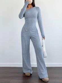 SHEIN Unity 女士休闲毛茸茸不对称肩T恤+低腰阔腿裤两件套，冬季家居服 - 淺藍色 - 查看 4