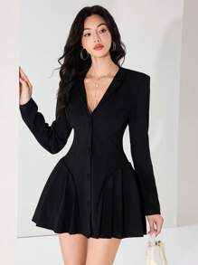 Heiryn Damen Blazer Einfarbig mit Latzrevers, einreihig, mit Falten am Saum, eleganter dünner Schnitt