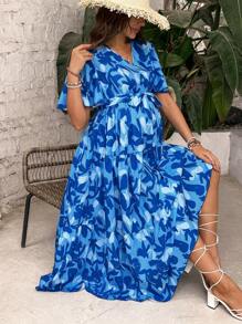 SHEIN Maternity Blue Floral Print Sling Waist Bowknot Ruffle Layered Dress - Blue - View 6