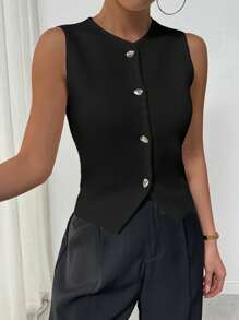 Chiquease Asymmetrical Button Design Women Knitted Cardigan Top - Black - View 6