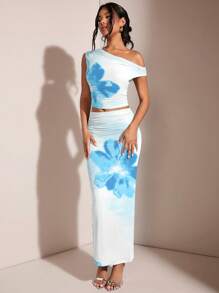 SHEIN BAE 2 件套休闲花卉图案女式斜肩不对称褶皱紧身迷你裙，适合夏季