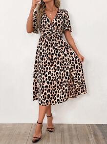 SHEIN Clasi Women's Leopard Print Short Sleeve Ruched Midi Dress, Spring/Summer