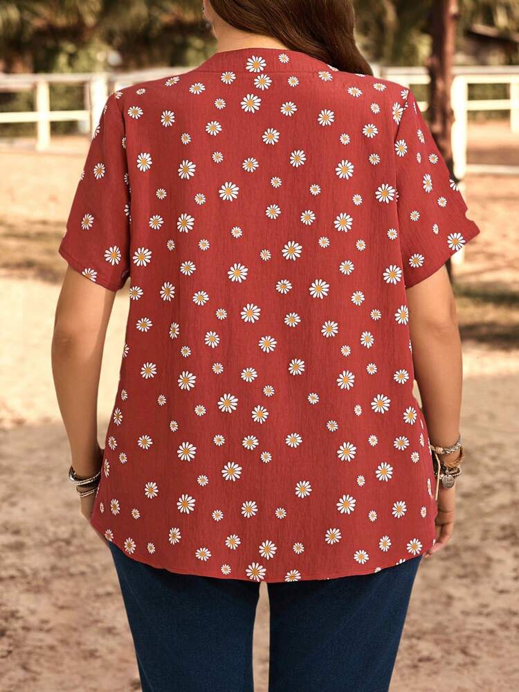 Plus Size Vacation Country Casual Daisy Floral Notch Neck Blouse Spring Summer For Women Western Wear Women