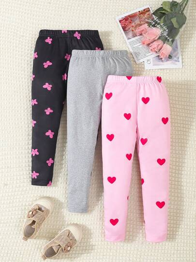 3pcs/Set Young Girl Casual Floral Pattern, Solid Color & Colorful Star Print Knitted Leggings Combo,Summer Travel Summer Holiday