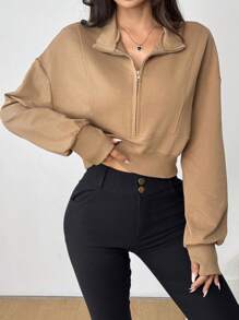 SHEIN EZwear Women's Solid Color Half Placket Drop Shoulder Long Sleeve Cropped Casual Hoodie - Mocha Brown - View 1