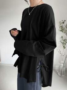 FRIFUL Women's Casual Solid Color Round Neck Dropped Shoulder Long Sleeve Side Slit Hem T-Shirt, Autumn - Black - View 1