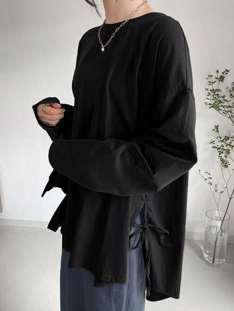 FRIFUL Women's Casual Solid Color Round Neck Dropped Shoulder Long Sleeve Side Slit Hem T-Shirt, Autumn - Black - View 1