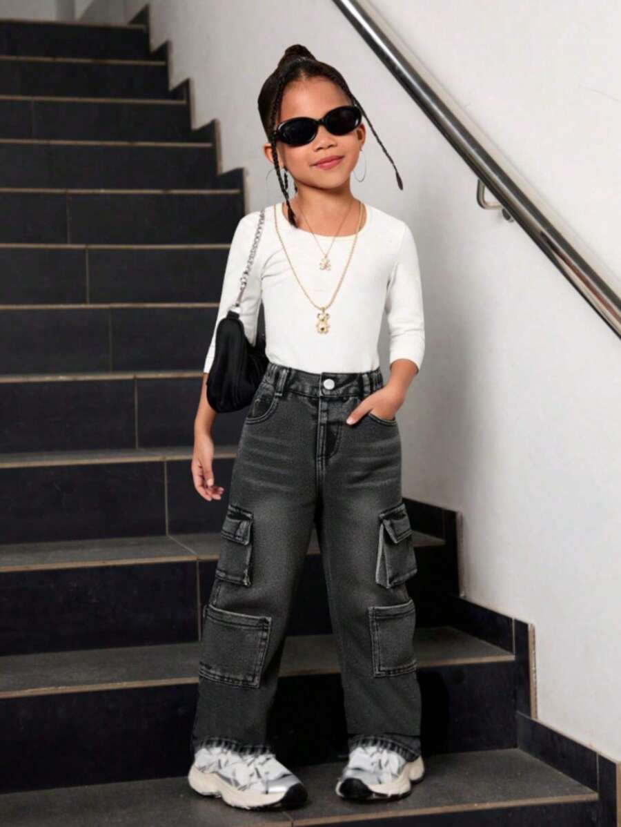 YOUNG GIRLS' Girls Jeans, Washed Light Gray Denim With Side Pleated Pockets, Fashionable And Versatile Street Style - Light Grey - View 1