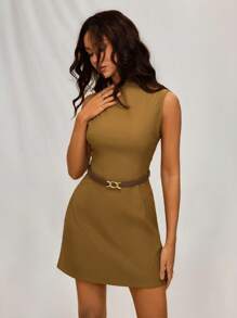 Forever 21 Women Solid Color Round Neck Sleeveless Fashion Mini Dress - Yellow - View 6