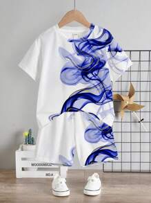 SHEIN 2pcs/Set Young Boy Casual Minimalist Round Neck Short Sleeve Top And Shorts Set, Suitable For Summer