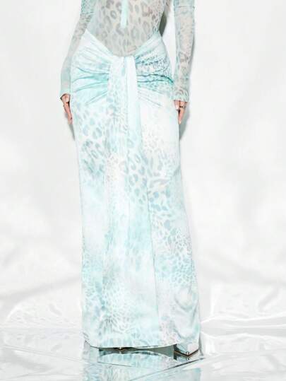 KIZN Elegante falda larga para la playa con diseño de drapeado delantero, estampado de animal etéreo, ropa de resort, moda de vacaciones de verano, falda larga para fiesta y noche