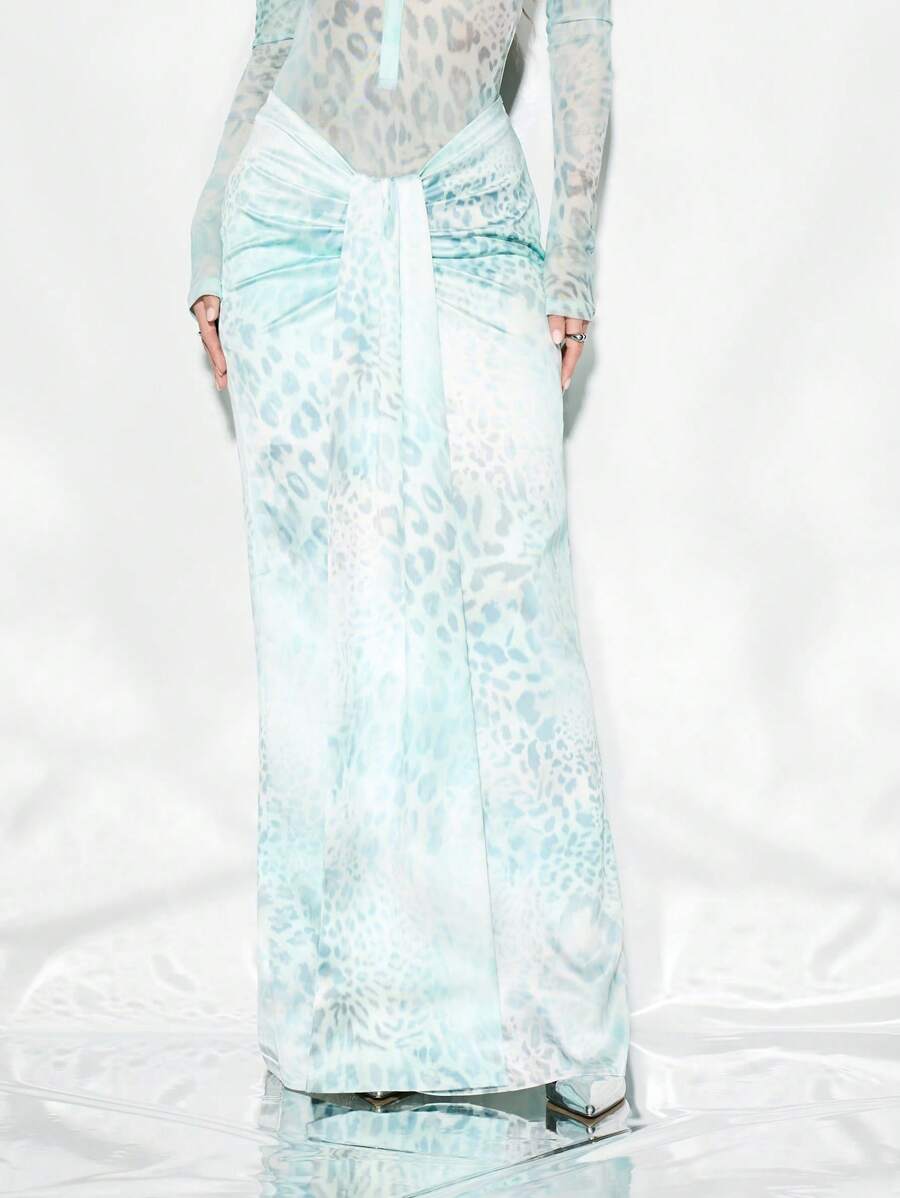 KIZN Váy Maxi Đi Biển Thanh Lịch Có Thiết Kế Voan Phía Trước, Họa Tiết Động Vật Thanh Lịch, Trang Phục Nghỉ Mát, Thời Trang Ngày Lễ Mùa Hè, Váy Dài Dự Tiệc Buổi Tối - Màu xanh Bạc hà - Xem 1