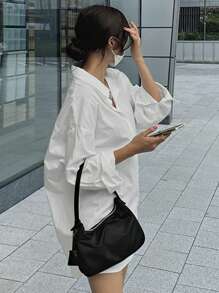 DAZY 女士纯色长袖衬衫，商务休闲风格 - 白色 - 查看 2