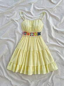 Soleia Spring Summer Vacation Ladies Solid Color Leisure Apricot 70s Outfit Vintage Summer Crochet Patchwork Ruffled Edge Waist Cinched A-Line Dress