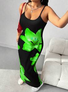 SHEIN EZwear Váy thường ngày in hoa đỏ cỡ lớn, tối giản và thời trang cho mùa thu/đông - màu xanh lá - Xem 6