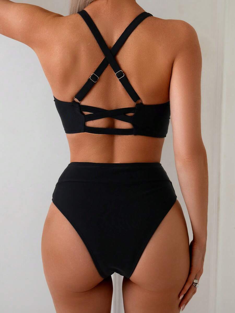 SHEIN Swim 2pcs/Set Women's Black Sexy Backless Criss-Cross High Waisted Casual Tankini Swimwear For Summer Beach Vacation - Black - View 1