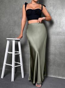 SHEIN PETITE 娇小款女士缎面鱼尾半身裙，优雅日常穿着，豌豆绿