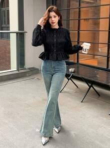 DAZY 女式纯色荷叶边修身长袖衬衫，秋季服装 - 黑色 - 查看 3