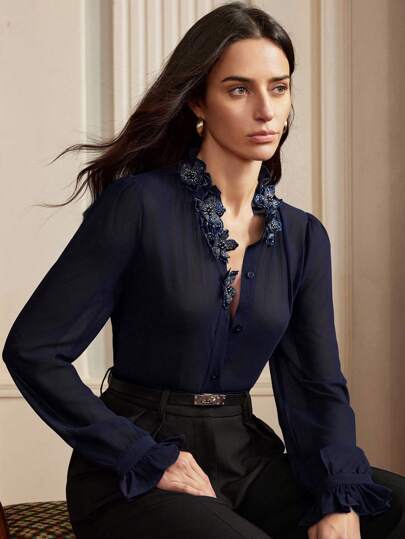 Anewsta Old Money 女士优雅手工串珠领口装饰飘逸轻盈薄荷叶饰边长袖衬衫，节日和外出