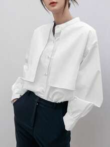 Dazy-Less Solid Button Front Drop Shoulder Shirt Old Money Style Business Casual Women Long Sleeve Top - White - View 3
