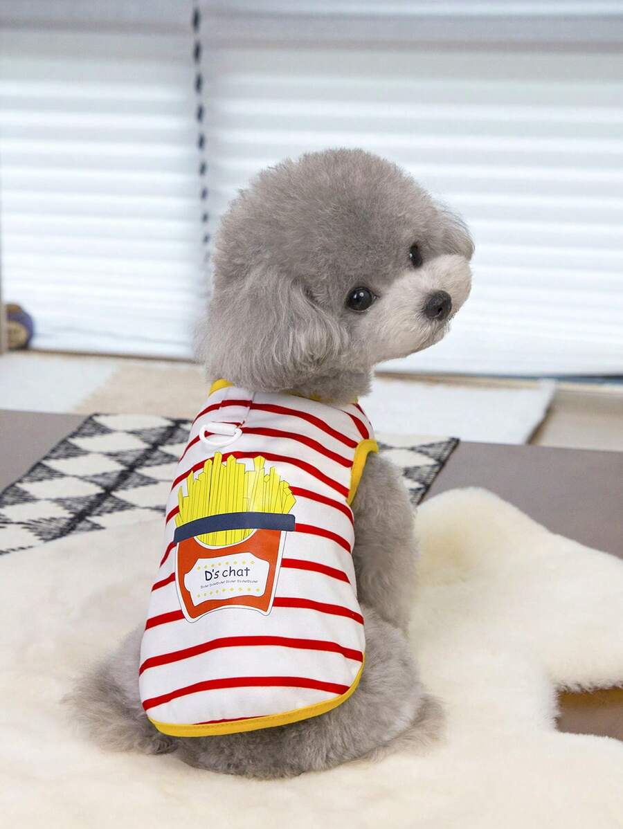PETSIN Arnés/chaleco transpirable y calado para mascotas de color rojo con un lindo diseño de patatas fritas de dibujos animados y patrón a rayas, adecuado para perros y gatos pequeños y medianos en verano - Rojo - Ver 1