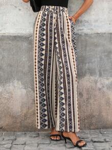 SHEIN Clasi Vakantie-outfits voor dames, zomerse elegante damesprint in boho-stijl met geometrische print, elastische tailleband, verstelbare vetersluiting, rechte pijpen en wijde pijpen, geschikt om te dragen bij verschillende gelegenheden