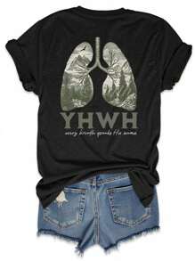 Calvaya Plus Size Lungs Christian & Every Breath Speaks His Name Okrągły dekolt Krótki rękaw Graficzny T-shirt, Damski Czarny Top