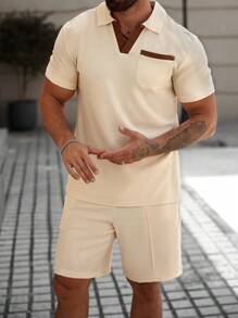 Manfinity CasualCool Men's Summer Contrast Color Block Polo Shirt And Shorts Set, Men's 2 Pieces Outfit, Suitable For Daily Wear, Ideal Gift For Husband