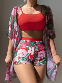 SHEIN Swim 3pcs/Set Women Assorted Print Beach Wear Outfits - Spaghetti Strap Top, Shorts, And Cover-Up Kimono, For Spring Break/Summer Vacation - Multicolor - View 1