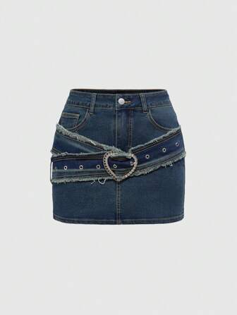 Minifalda tubo de mezclilla con cinturón con hebilla metálica con forma de corazón y flecos, estilo retro Y2K para mujer