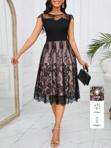 SHEIN Lady Women's Black Lace Round Neck Ruffle Sleeve Dress - Dusty Pink - View 7