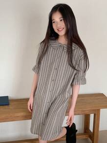 DAZY 女童彼得潘领中长短袖连衣裙，秋季 - 杏色 - 查看 3