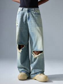 NEON BLANC Men's Streetwear Loose Fit Ripped Long Blue Denim Jeans - Blue - View 2