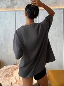 Livesso 女士休闲字母印花宽松短袖圆领T恤打破常规时尚休闲风格当找不到阳光时，就成为阳光夏季图案T恤超大T恤 - 灰色 - 查看 5